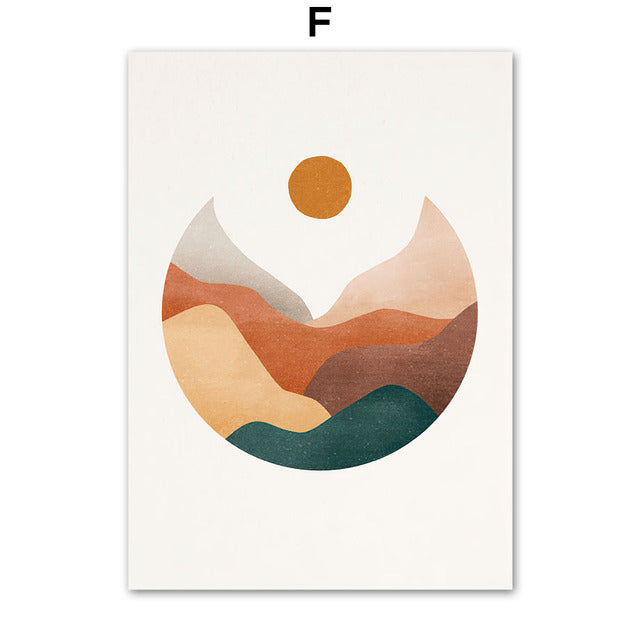 Mountain River Sun Leaf Vase Abstract Canvas Prints | Boho Style Minimalist Wall Art For Living Room Dining Room Modern Home Décor