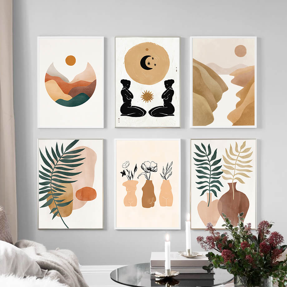 Mountain River Sun Leaf Vase Abstract Canvas Prints | Boho Style Minimalist Wall Art For Living Room Dining Room Modern Home Décor