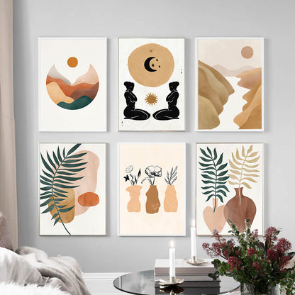 Mountain River Sun Leaf Vase Abstract Canvas Prints | Boho Style Minimalist Wall Art For Living Room Dining Room Modern Home Décor