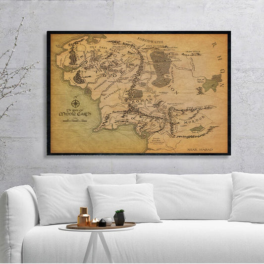 Retro Middle Earth Map Canvas Print | Vintage Wall Art Gondor Poster For Living Room Bedroom Teenage Room Home Décor