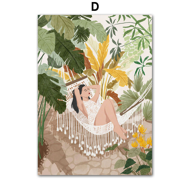 Tropical Plants Woman Cactus Canvas Prints | Exotic Nature Landscape Poster For Living Room Bedroom Home Office Décor