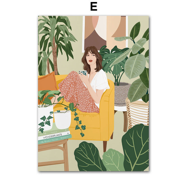 Tropical Plants Woman Cactus Canvas Prints | Exotic Nature Landscape Poster For Living Room Bedroom Home Office Décor