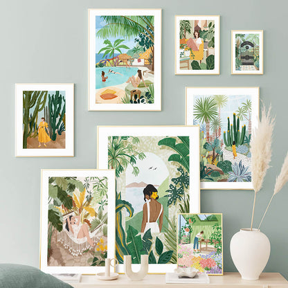 Tropical Plants Woman Cactus Canvas Prints | Exotic Nature Landscape Poster For Living Room Bedroom Home Office Décor