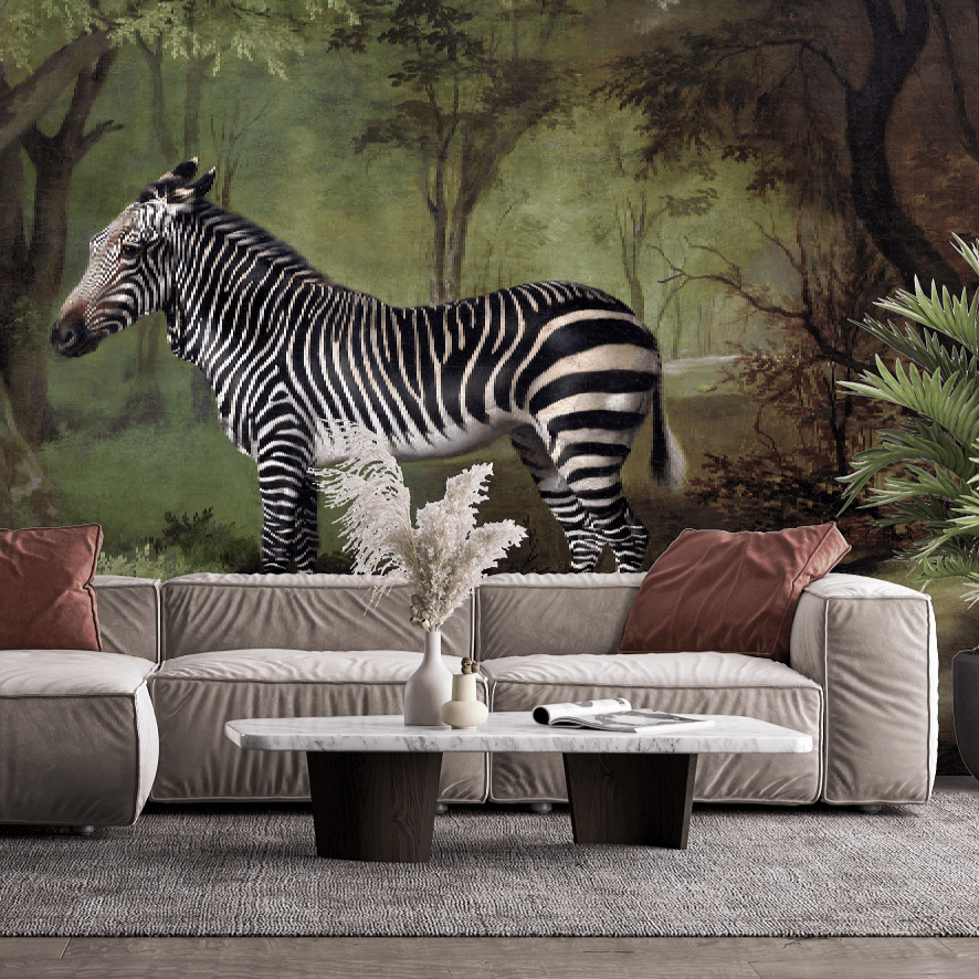 A mural wallpaper featuring an illustration of a zebra in a forest environment. The zebra is prominently displayed in the center, surrounded by a green background with trees and a cozy living room setup with a sofa, couch, and decorative items in the foreground.
Details