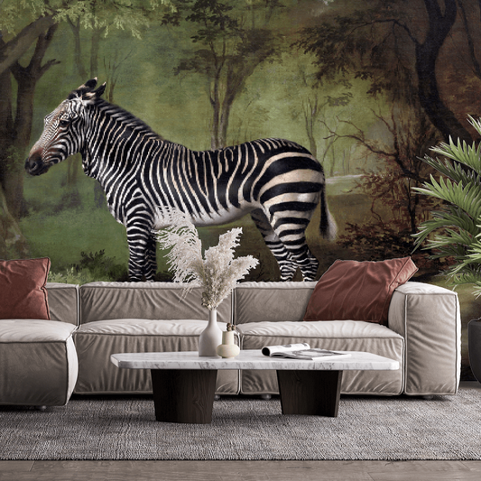 A mural wallpaper featuring an illustration of a zebra in a forest environment. The zebra is prominently displayed in the center, surrounded by a green background with trees and a cozy living room setup with a sofa, couch, and decorative items in the foreground.
Details