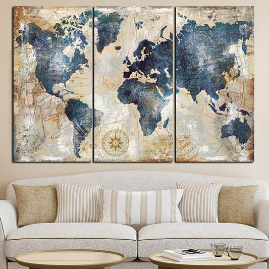 3 Panel Blue World Map Painting Posters