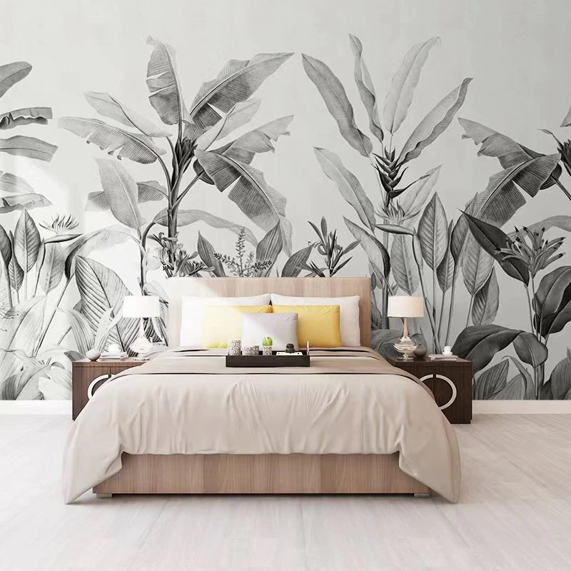 Black and White Minimalist Tropical Mural Wallpaper (SqM)