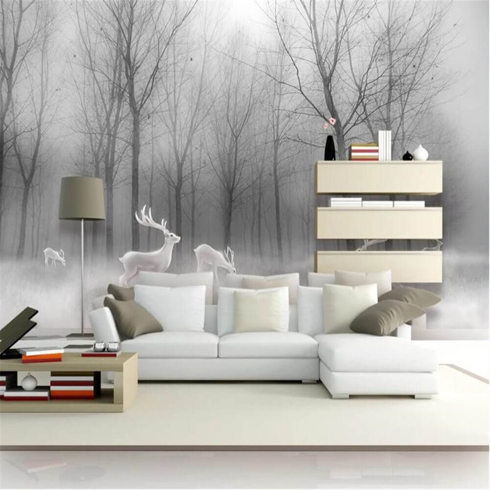 Black and White Elks Misty Forest Mural Wallpaper (SqM)