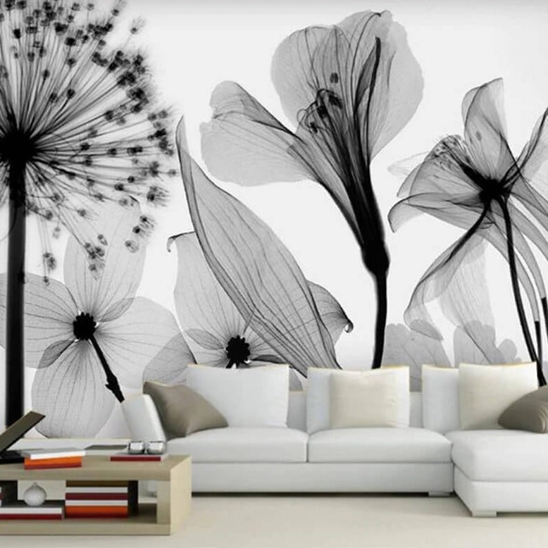 Black and White Nordic Flowers Mural Wallpaper (SqM)