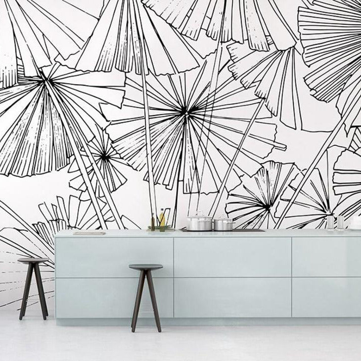 Black and White Umbrella Sketch Mural Wallpaper (SqM)