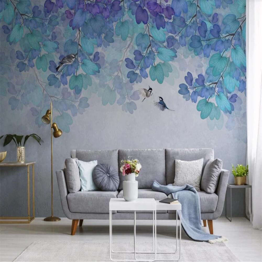 Blue Fantasy Leaves Mural Wallpaper (SqM)