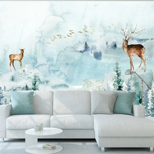 Blue Watercolor Deer Landscape Mural Wallpaper (SqM)