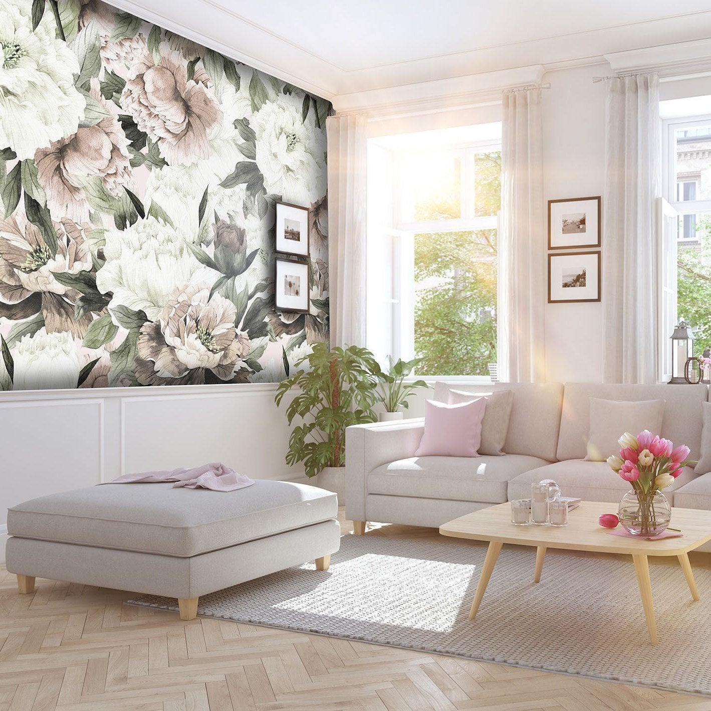 Large peonies in white and pink blush colors with green leaves mural wallpaper for living room