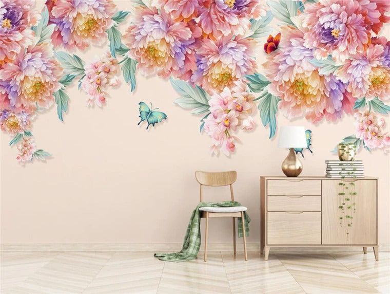 Butterflies and Summer Delicate Flowers Wall Mural (SqM)