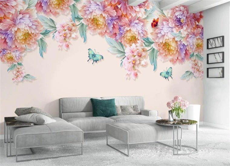 Butterflies and Summer Delicate Flowers Wall Mural (SqM)