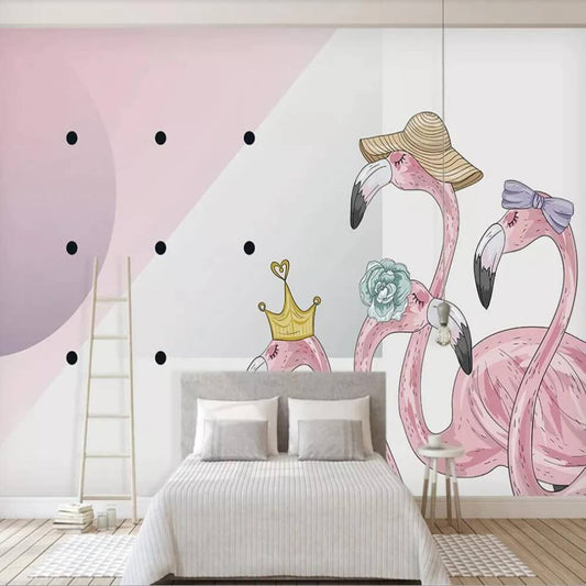Cartoon Pink Flamingo Family Mural Wallpaper (SqM)