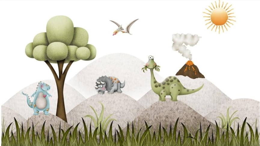 Cartoon Dinosaur Volcano Mural Wallpaper (SqM)