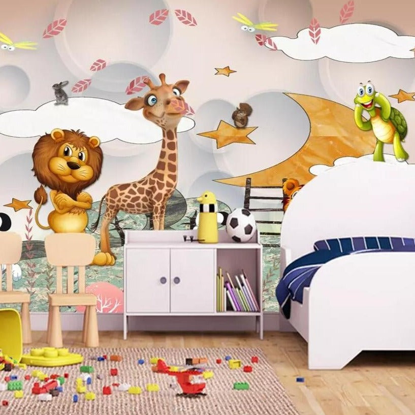 Cartoon Giraffe and Lion Friends Mural Wallpaper (SqM)