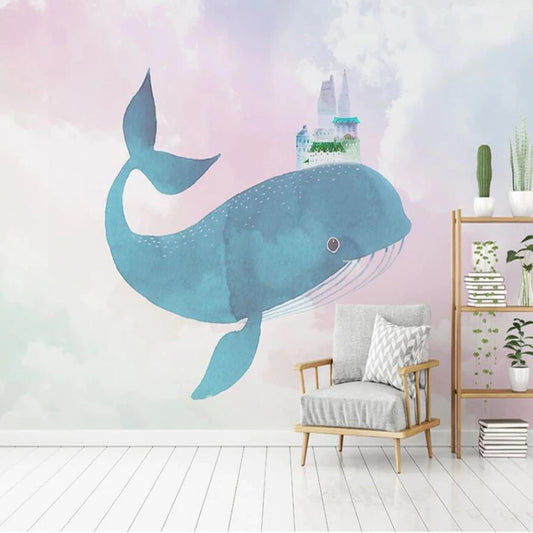 Cartoon Watercolor Blue Whale Mural Wallpaper (SqM)
