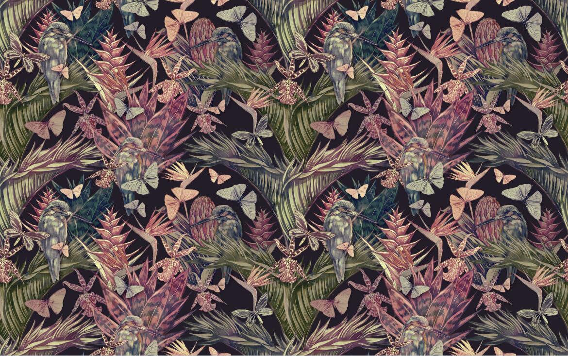 Hummingbirds and Butterflies on Tropical Leaves Mural Wallpaper (SqM)