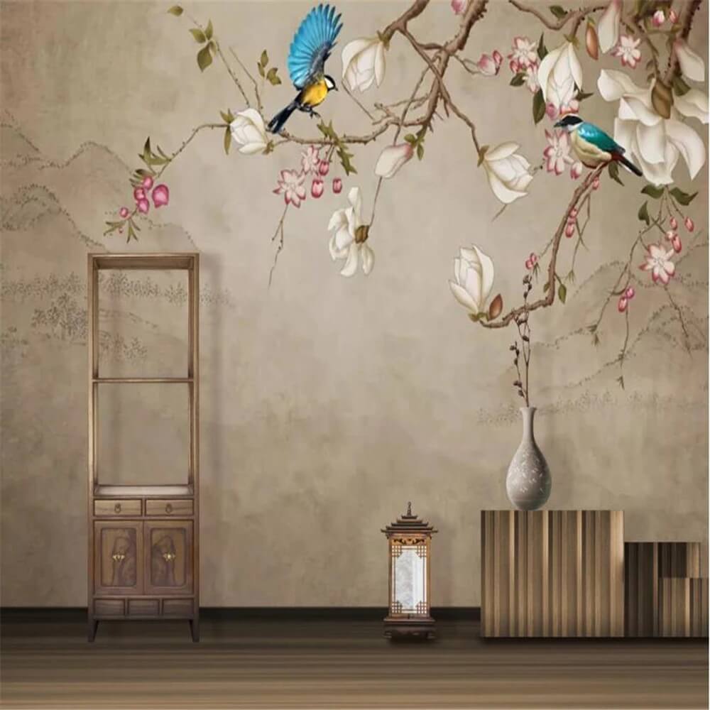 Chinoiserie White Magnolia and Birds Mural Wallpaper (SqM)