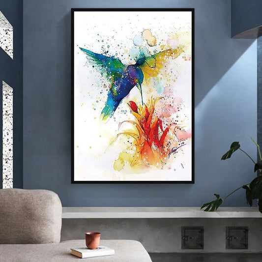 Colorful Abstract Hummingbird Canvas Print | Watercolor Minimalist Bird Poster For Modern Living Room Bedroom Home Décor