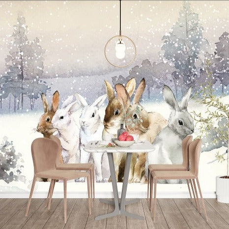 Cute Rabbits in Winter Wonderland Mural Wallpaper (SqM)