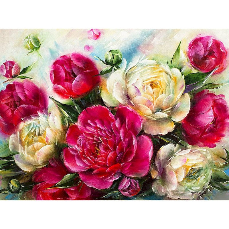 DIY Paint By Numbers - Red Cream Peonies Painting Canvas