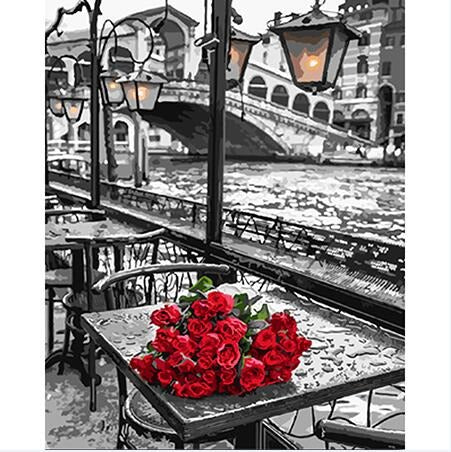DIY Paint By Numbers - Red Roses Black&White Bridge Painting Canvas
