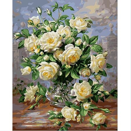 DIY Paint By Numbers - White Bouquet of Roses Painting Canvas