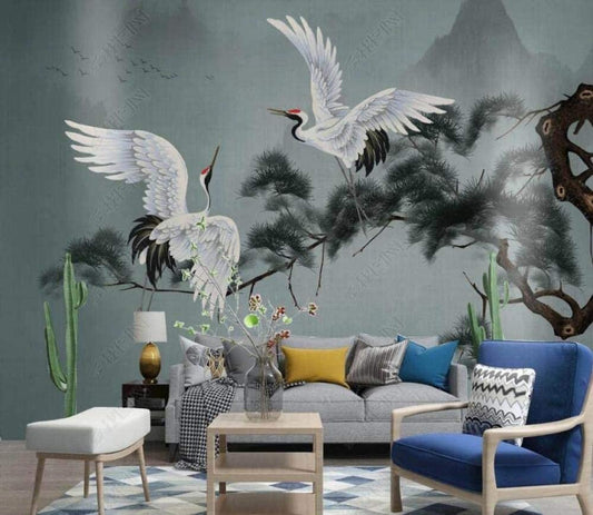 Dancing Cranes Mural Wallpaper (SqM)