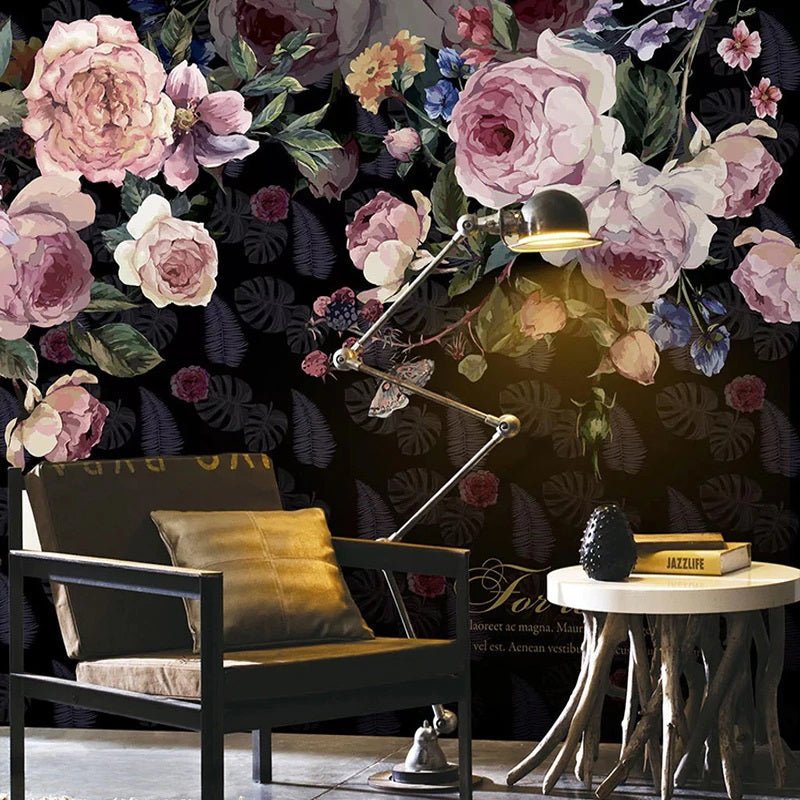 Delicate Pink Roses Dark Mural Wallpaper (SqM)
