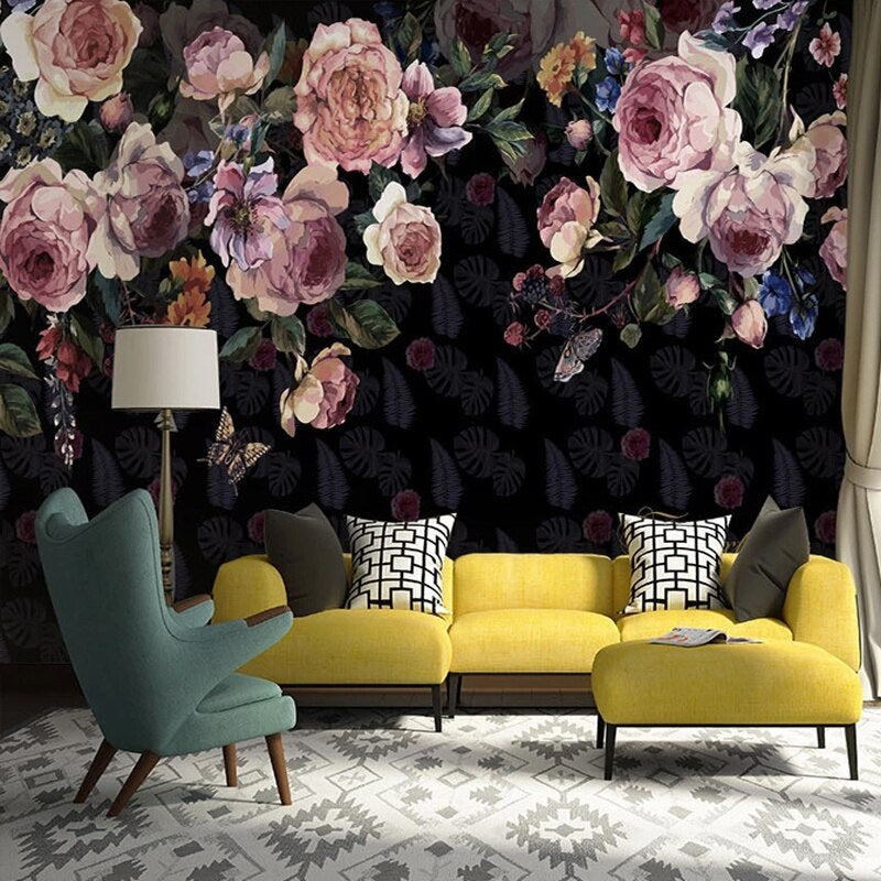 Delicate Pink Roses Dark Mural Wallpaper (SqM)