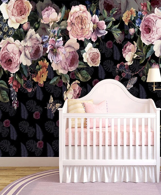Delicate Pink Roses Dark Mural Wallpaper (SqM)