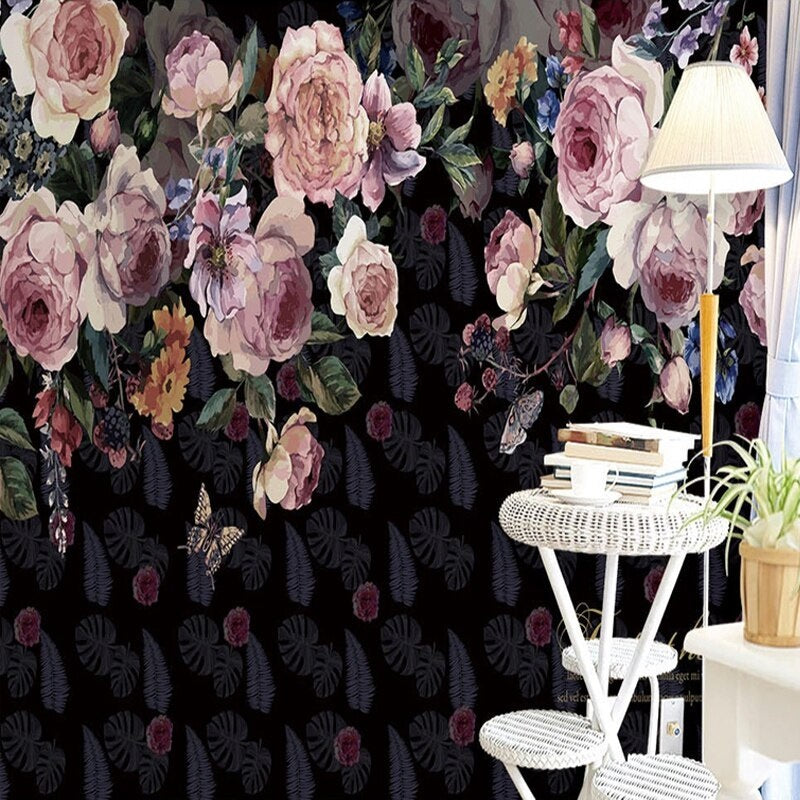 Delicate Pink Roses Dark Mural Wallpaper (SqM)