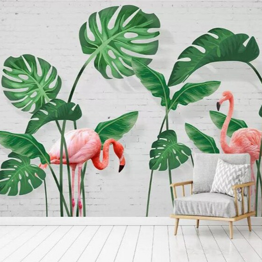 Flamingo under the Monstera Leaves Mural Wallpaper (SqM)