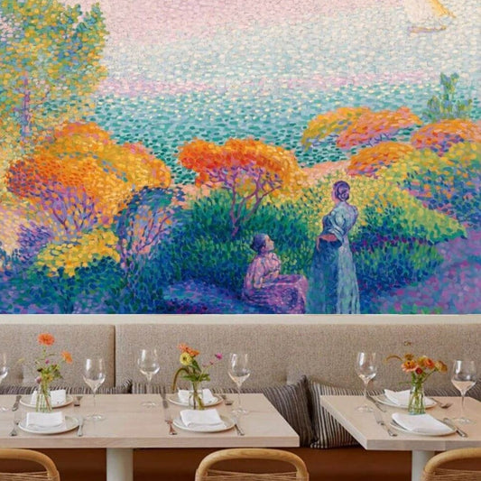 Two Women by the Shore Colorful Landscape Art Mural Wallpaper (SqM)