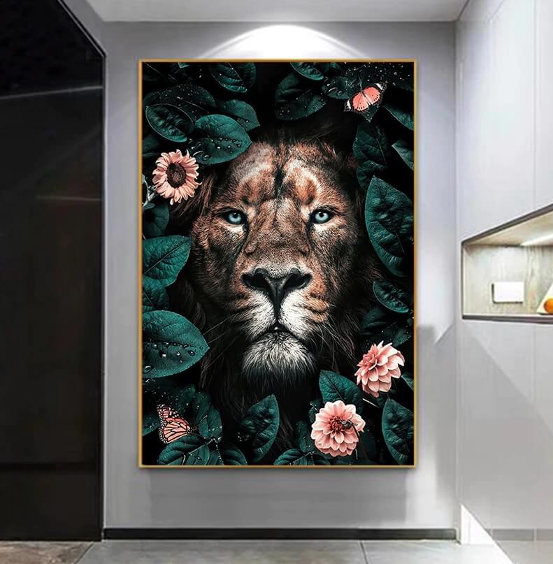 Flower Lion Canvas Print | Abstract Animal Wall Art Floral Poster For Living Room Bedroom Office Home Décor
