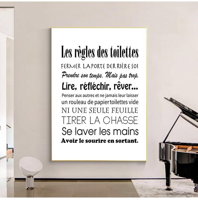 French Toilet Rules Canvas Print | Minimalist Black and White Picture Les Regles des Toilettes Poster For Bathroom