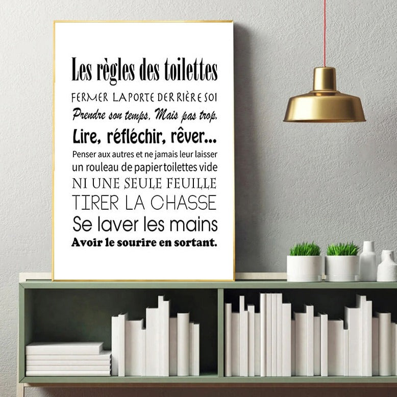 French Toilet Rules Canvas Print | Minimalist Black and White Picture Les Regles des Toilettes Poster For Bathroom