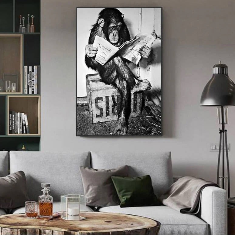 Black and White Funny Monkey Canvas Print | Reading Newspaper Wall Art For Bathroom Restroom Living Room Office Décor