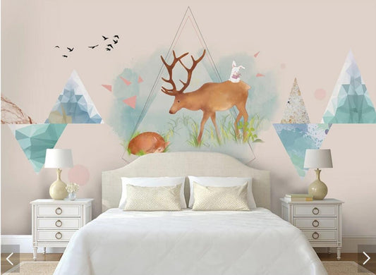 Geometric Elks Friends Forest Mural Wallpaper (SqM)