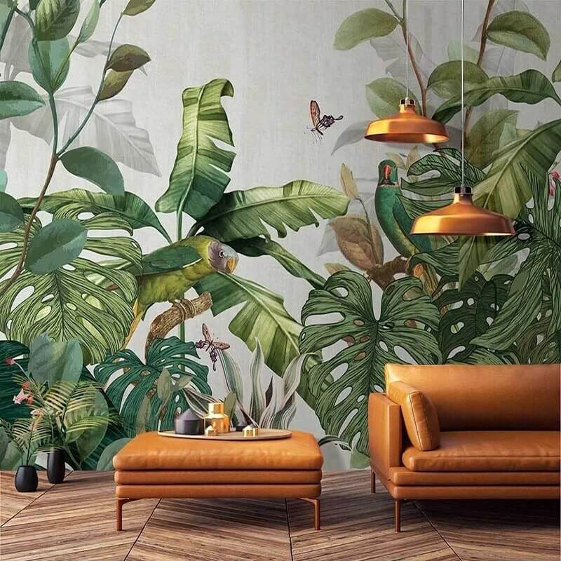 Green Monstera Leaves and Parrots Mural Wallpaper (SqM)