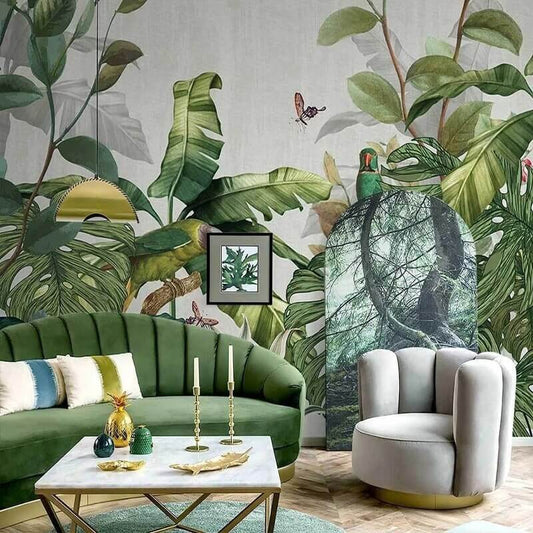 Green Monstera Leaves and Parrots Mural Wallpaper (SqM)