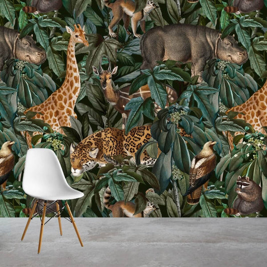 Jungle Animals Dark Pattern Mural Wallpaper (SqM)