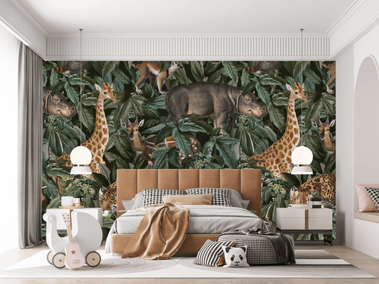 Jungle Animals Dark Pattern Mural Wallpaper (SqM)