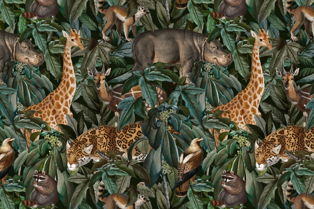 Jungle Animals Dark Pattern Mural Wallpaper (SqM)