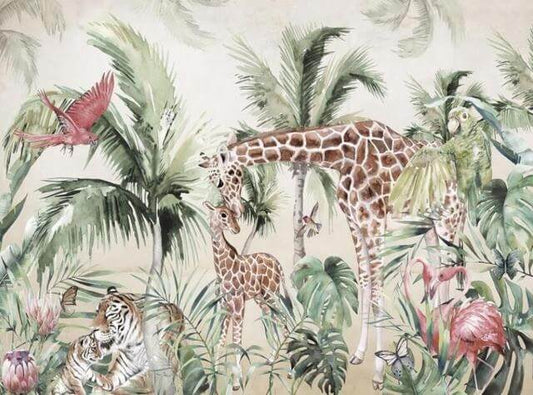 Giraffes in Savannah Watercolor Mural Wallpaper (SqM)