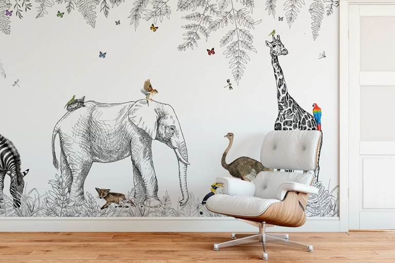 Jungle Sketch Safari Animals Mural Wallpaper (SqM)