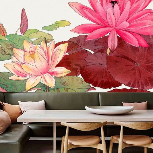 Japanese Pink Lotus Floral Mural Wallpaper (SqM)